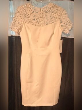 NWT Calvin Klein Cream Midi Dress with Crochet Lace Yoke